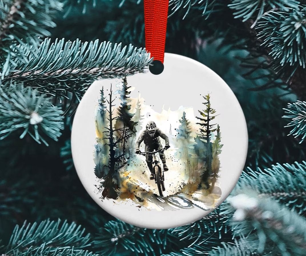 Mountain Biker Christmas ornament on a tree