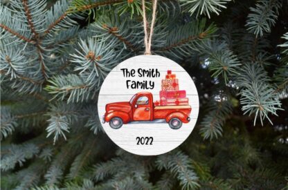 Family Christmas Red Truck ceramic Ornament