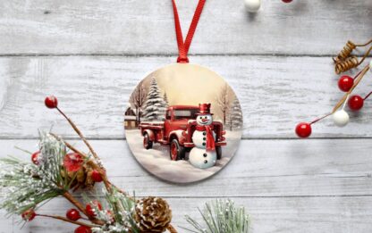 3D Snowman Christmas Red Truck Christmas Sublimation Ornament