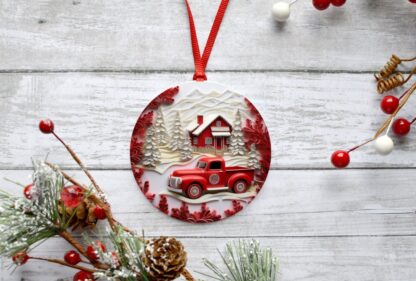 3D Red Truck Winter Scene, Sublimation Christmas Ornament, personalized Ornament
