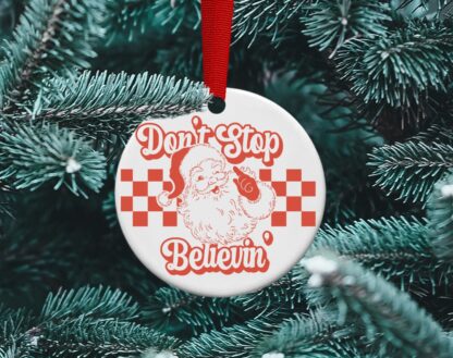 Don't Stop Believing Santa Ornament, vintage Santa, Merry Christmas, Personalized ornament,