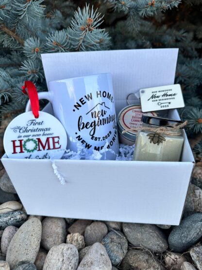 New Home Gift Box, Realtor gift, New homebuyers, first Christmas in new home, Housewarming gift, Raw Honey, Ornament, mug, personalized