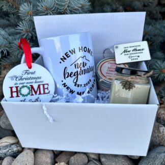 New Home Gift Box, Realtor gift, New homebuyers, first Christmas in new home, Housewarming gift, Raw Honey, Ornament, mug, personalized
