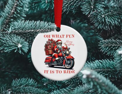 Merry Christmas Santa, Oh what fun it is to Ride, Santa Motorcycle, Harley Santa, Indian Motorcycle, Sublimation Ornament, personalized